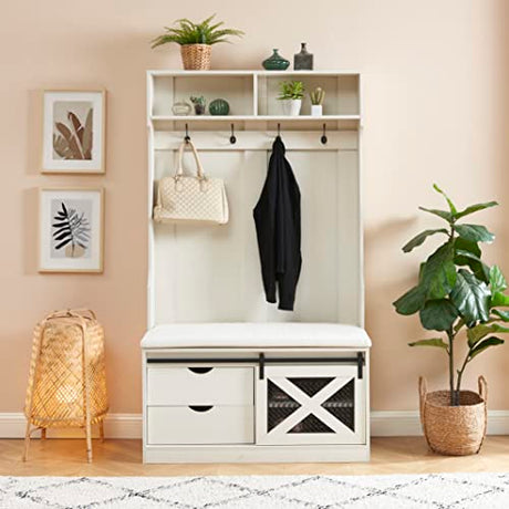 Edwin's Choice 71" H Entryway Hall Tree with Coat Rack and Storage Bench, Wood Coat Tree with Cushioned Stool and Hooks for Hallway, Living Room, Edwin's Choice