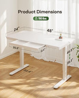 Marsail Standing Desk with Drawer, 48 x 24 inch Whole Piece Tabletop Electric Standing Desk, Height Adjustable Desk with USB Charging Ports, Sit Marsail