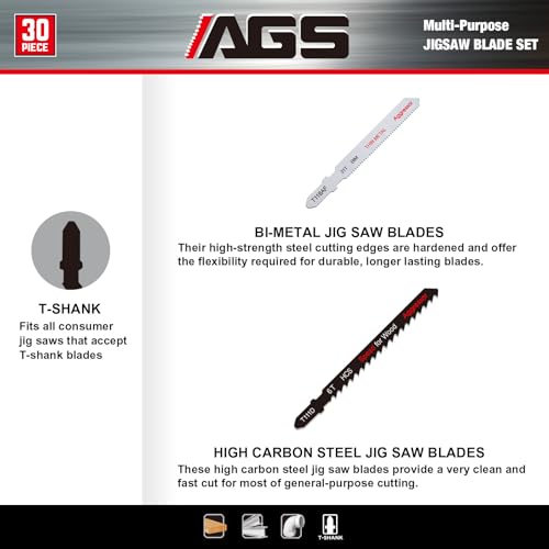 AGGRESSOR Jigsaw Blades Set 30 Piece,Assorted T-Shank Jig Saw Blades for Wood, Plastic and Metal Cutting,Multi-Purpose HCS/HSS Saw Blades AGGRESSOR