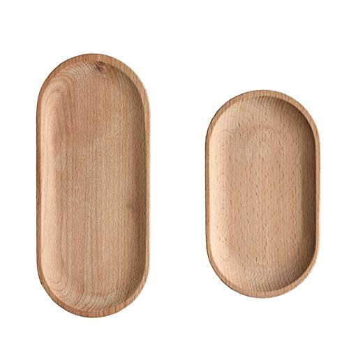 Mini Serving Tray for Jewellery Key Coin Set of 2, Oval Wood Natural Dessert Cup Tray, Small Wooden Cheese Plate, Tableware Decorative Tray