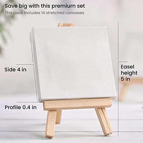 Arteza Mini Canvases with Easels, Pack of 14, 4 x 4 Inches, 100% Cotton, 8 oz Gesso-Primed Stretched Canvas & Solid Pine Wood Easels, Art Supplies ARTEZA