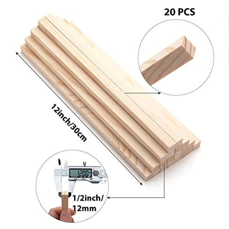 Wood Square Dowel Rods, 20PCS 1/2" x 12" Square Wooden Dowel Rods Wooden Sticks for Crafts, Unfinished Hardwood Sticks Wood Strips for Woodworking, Coowayze