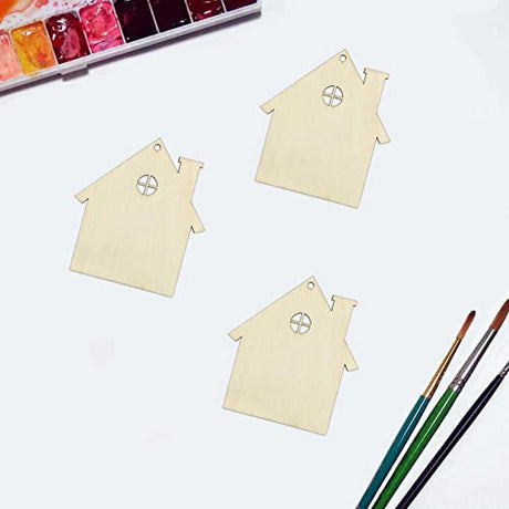20pcs Wooden House Shaped DIY Craft Cutouts Unfinished Wood with Ropes Embellishments Gift Tags Ornaments for Wedding Home Christmas Party Decoration JANOU