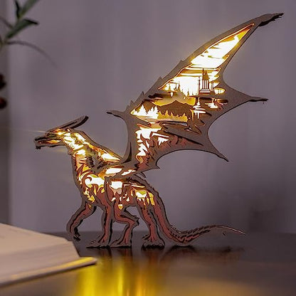3D Wooden Animals Carving LED Night Light, Wood Carved Lamp Modern Festival Decoration Home Decor Desktop Desk Table Living Room Bedroom Office Farmhouse Shelf Statues Perfect Gifts (Dragon)