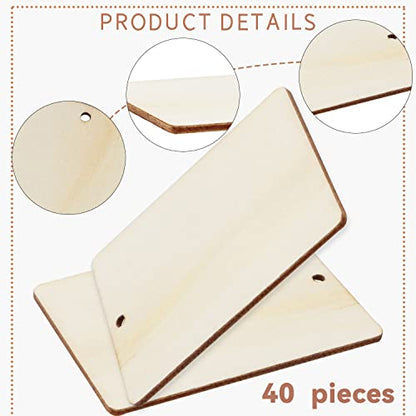 FSWCCK 40 Pcs Unfinished Wood Pieces Rectangle-Shaped Rustic Blank Wood Tags with Holes Light Wooden Cutouts, and 10M Hemp Rope, for Craft Projects,
