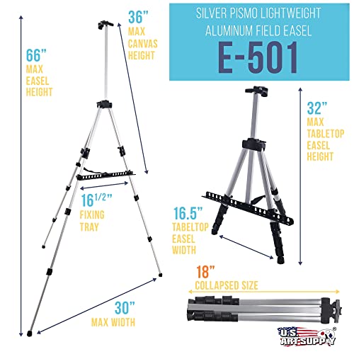 U.S. Art Supply 66" Sturdy Silver Aluminum Tripod Artist Field and Display Easel Stand - Adjustable Height 18" to 5.5 Feet, Holds 36" Canvas - Floor - WoodArtSupply