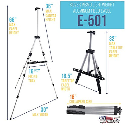 U.S. Art Supply 66" Sturdy Silver Aluminum Tripod Artist Field and Display Easel Stand - Adjustable Height 18" to 5.5 Feet, Holds 36" Canvas - Floor - WoodArtSupply