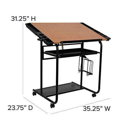 Flash Furniture Swanson Adjustable Drawing and Drafting Table with Black Frame and Dual Wheel Casters, Cherry