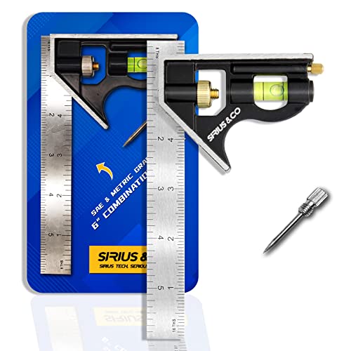 Sirius&Co 6" Combination Square of Metric and Imperial Measurements Stainless Steel Angle Ruler - WoodArtSupply