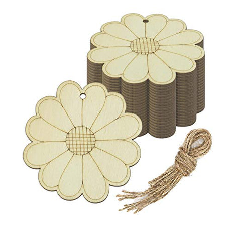 Creaides Flower Wood DIY Crafts Cutouts Wooden Sun Flower Shaped Hanging Ornaments with Hole Hemp Ropes Gift Tags for Wedding Birthday Christmas Creaides