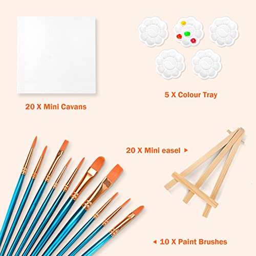 20 Pack 4x4 in Mini Canvases, Small Stretched Painting Canvas Panel with Mini Easel, Art Canvas Painting Kit with 10 Brushes & 5 Paint Tray for Kids - WoodArtSupply