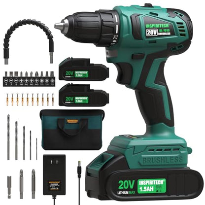 INSPIRITECH 20V Cordless Drill, Brushless Power Drill Set with 2 Batteries and Charger,3/8-Inch Chuck Electric Drill Driver,22 Torque