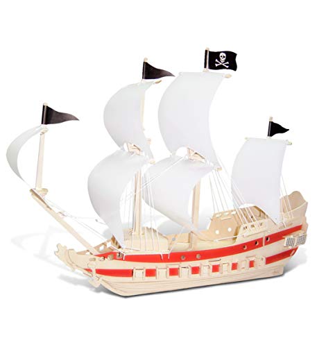 Puzzled 3D Puzzle Pirate Ship Wood Craft Construction Model Kit, Fun Unique & Educational DIY Wooden Toy Assemble Model Unfinished Crafting Hobby