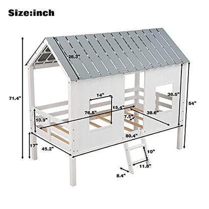 Merax Twin Size Low Loft Wooden House Bed with Roof and Windows in White and Grey - WoodArtSupply