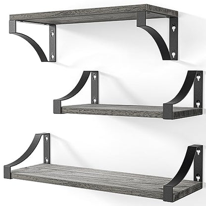AMADA HOMEFURNISHING Wall Shelves Set of 3, Floating Shelves for Bedroom Decor, Hold up to 55lbs, Rustic Wood Wall Shelves for Bedroom, Bathroom,