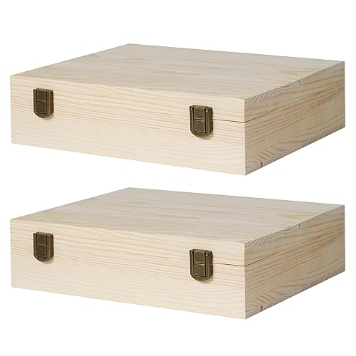 ZKHOB 2 Pack Unfinished Wooden Box with Lid Small Wood Boxes(12 x 9x 3.1 inch) Natural Pine Wooden Box for Crafts,Wooden Gift Boxes,Memory keepsake