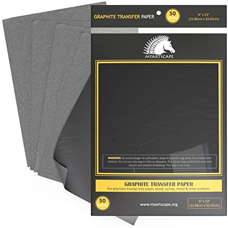 MyArtscape Graphite Transfer Paper - 9" x 13" - 50 Sheets - Waxed Carbon Paper for Tracing (Black) MyArtscape