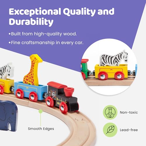 maxim enterprise, inc. Kids Circus Train with Steam Engine, 2 Cars, Caboose, 3 Wooden Animals, Natural Hardwood Railway Set with Easy Magnetic - WoodArtSupply