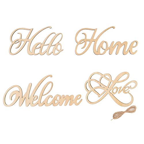 Framendino, 4 Pack Unfinished Wood Sign Natural Cutout Wooden Welcome Hello Home Love Sign DIY Block Words Letters Decorative Signs Framendino