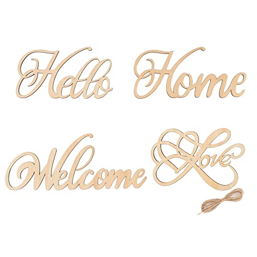 Framendino, 4 Pack Unfinished Wood Sign Natural Cutout Wooden Welcome Hello Home Love Sign DIY Block Words Letters Decorative Signs - WoodArtSupply