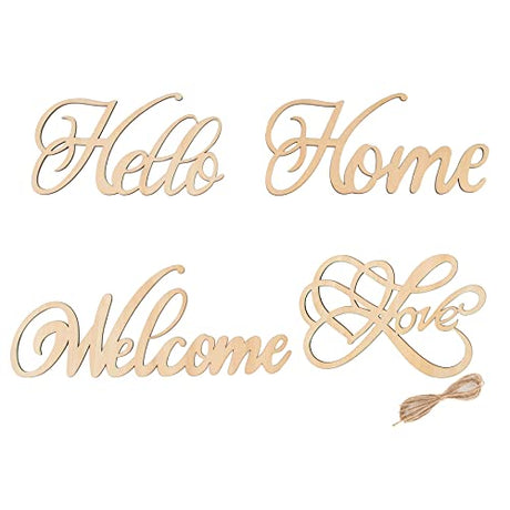 Framendino, 4 Pack Unfinished Wood Sign Natural Cutout Wooden Welcome Hello Home Love Sign DIY Block Words Letters Decorative Signs Framendino