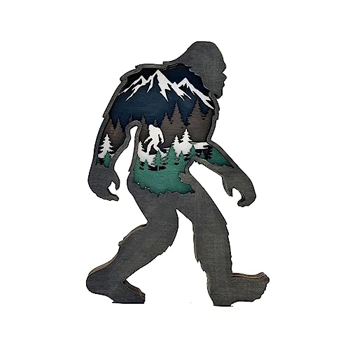 Sasquatch Figurine Decor, Wooden Centerpiece Bigfoot Decorations, 3D Multilayer Wildlife Wall Art Carved Bigfoot Decor, Wooden Yeti Figurine for Edlike