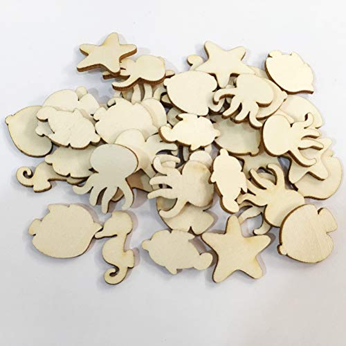 Amosfun 50pcs Unfinished Wood Cutouts Sea Animal Star Fish Shaped Wood Pieces for Kids DIY Art Craft Home Decoration (Random Pattern) Amosfun