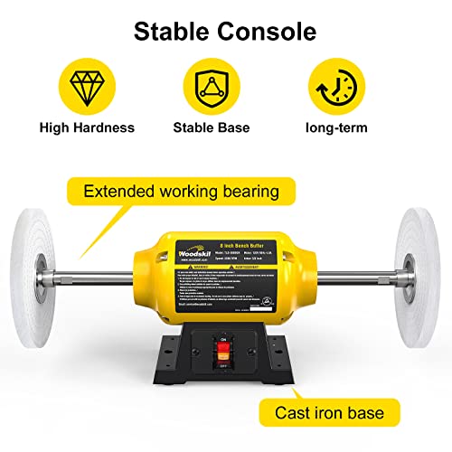 Woodskil Bench Buffer Polisher 4.8A 8-Inch Polishing Machine 3600rpm with 2 pcs-Fiber Wheels for Buffing Metal, Jewelry, Wood, Jade, and Plastic Woodskil