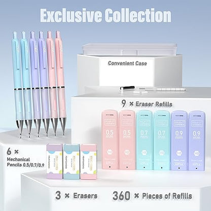 Four Candies Pastel Mechanical Pencil Set - 6PCS 0.5 mm & 0.7 mm & 0.9 mm Cute Mechanical Pencils with 360PCS HB Lead Refills, 3PCS Erasers and 9PCS - WoodArtSupply