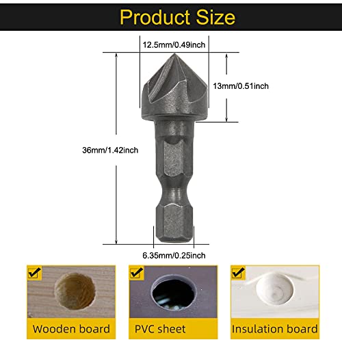 TorSor 3 Pack Countersink Drill Bit Chamfer Bits 6 Flute for 6.35mm 1/4'' Hex Shank Burr Removal Holes Shaping Trimming Opener Tool Polish Knife TorSor