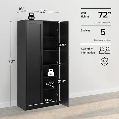 Prepac Elite Premium Home Doors, Storage, Bathroom, Pantry Cabinet with 5 Shelves, 16" D x 32" W x 72" H, Black