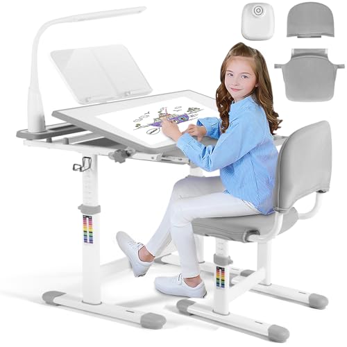 Artist hand Kids Study Desk and Chair Set Height Adjustable Children School Girl Table Large Writing Board Desk with LED Lamp Pull Out Drawer Pencil Artist hand