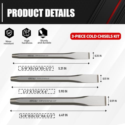 C&T 3-Piece Heavy Duty All Purpose Cold Chisels Kit, 3/8, 1/2, 5/8 in, for Carpentry, Metalwork, Woodwork & Masonry work