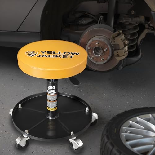 YELLOW JACKET Rolling Mechanics Seat, 250 LBS Capacity Heavy-Duty Pneumatic Adjustable Garage Stool with Tool Tray YELLOW JACKET