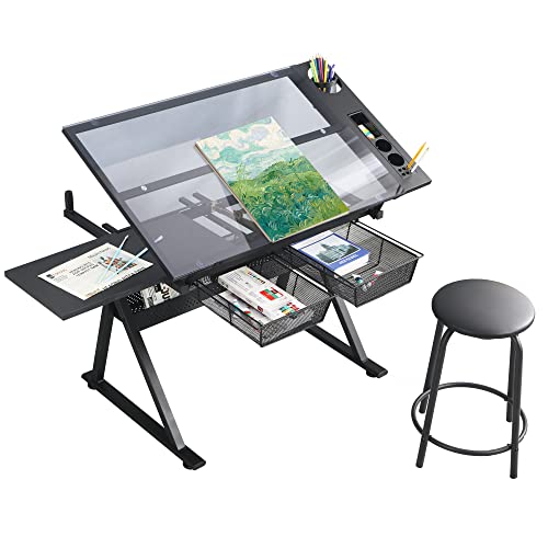 LifeSky Adjustable Glass Drafting Table - Height Adjustable Temped Glass Artists Drawing Table with Storage - Art Craft Desk Workstation for Adults LIFE SKY