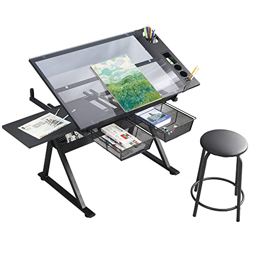 LifeSky Adjustable Glass Drafting Table - Height Adjustable Temped Glass Artists Drawing Table with Storage - Art Craft Desk Workstation for Adults - WoodArtSupply