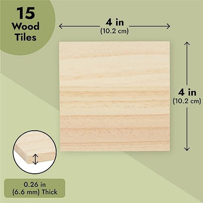 15 Pack Unfinished 4x4 Wood Squares for Crafts, Blank Wooden Tiles for Burning, Engraving, DIY Coasters - WoodArtSupply