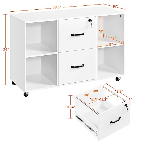 Yaheetech White File Cabinet Mobile Letter Size File Cabinet with 2 Drawers and 4 Open Storage Shelves Large Mobile Lateral Filing Cabinet Printer - WoodArtSupply