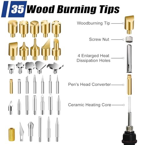 PHCODLAN Wood Burning Kit 80Pcs Power Switch and Adjustable Temperature Wood Burner Pen 392~842°F for Adults Wood Burning Tool for Pyrography Leather