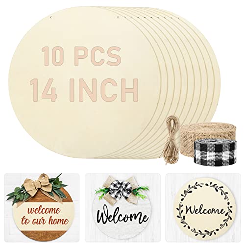 Whaline 14 Inch Wood Circles for Crafts, 10Pcs Unfinished Crafts Wood Slices with 32.8ft Twine and 19.7ft Ribbon DIY Wooden Blanks for Door Hanger Whaline