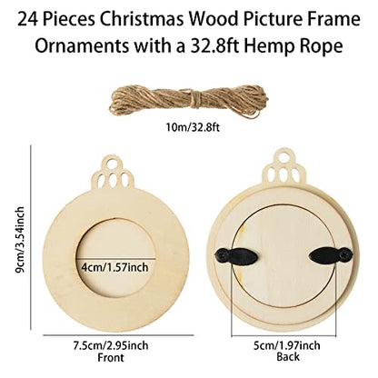 24 Pieces Wooden Christmas Picture Frame Ornaments with Twine, Unfinished Buffalo Plaid Picture Frames Blank Photo Frame Ornaments for craft Family
