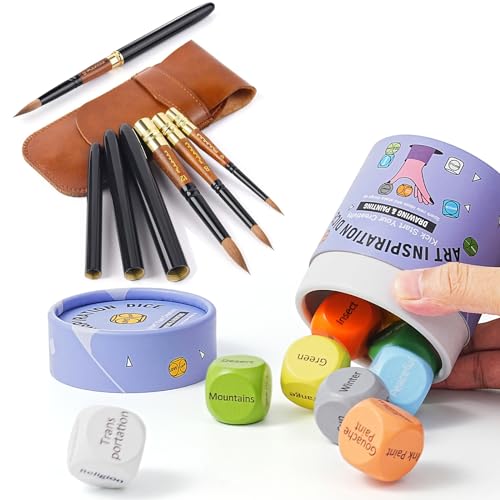 Kolinsky Travel Watercolor Brushes & Inspiration Art Dice, Fuumuui 3Pcs Plein Air Kolinsky Sable Watercolor Brushes With Wooden Art Dice for Adults, Fuumuui