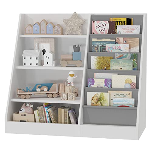 White 4-Tier Kids Wooden Bookshelf with Five Sling Pockets for Toys and Books Storage - WoodArtSupply