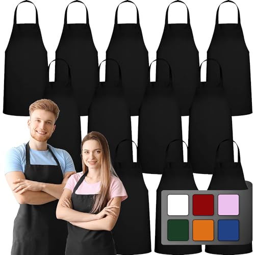 GREEN LIFESTYLE 12 Pack Bib Apron - Unisex Black Aprons, Machine Washable Aprons for Men and Women, Kitchen Cooking BBQ Aprons Bulk (Pack of 12, No GREEN LIFESTYLE