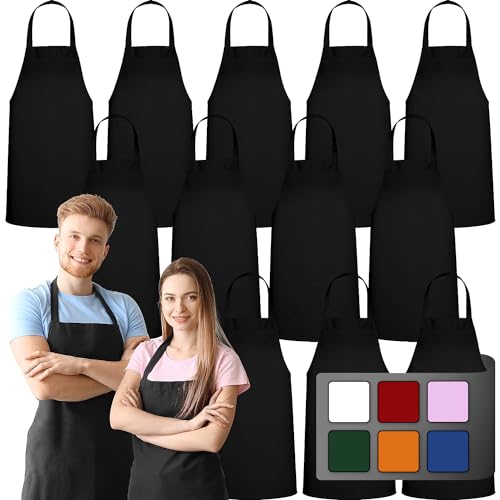 GREEN LIFESTYLE 12 Pack Bib Apron - Unisex Black Aprons, Machine Washable Aprons for Men and Women, Kitchen Cooking BBQ Aprons Bulk (Pack of 12, No - WoodArtSupply