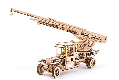 Ugears Wooden 3D Fire Truck Model Kit - Lever Operated Rotatable Retractable Ladder UGEARS