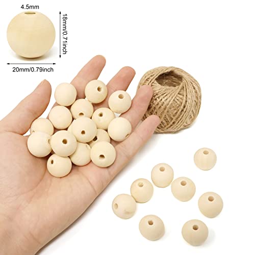 yueton 100PCS 20mm Blank Unfinished Wooden Beads Round Wood Beads Spacer Beads Loose Beads for Jewelry Making and DIY Craft Accessories - with 30m - WoodArtSupply