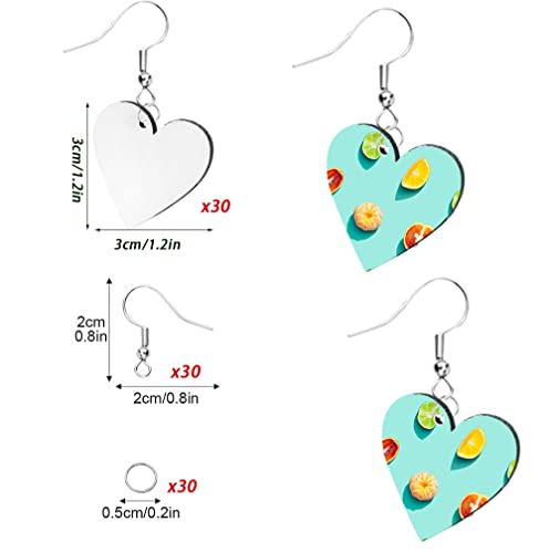 30Pcs Sublimation Blank Earrings Heat Transfer Sublimation Printing Wire Hooks Earrings Love Heart Unfinished Wooden Dangle Earrings Teardrop Pendant