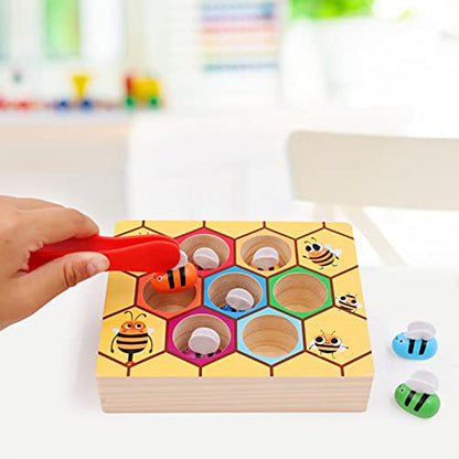 WOOD CITY Toddler Fine Motor Skills Toys, Bee to Hive Matching Game, Wooden Color Sorting Toy for Toddler 2 3 Years Old, Montessori Preschool