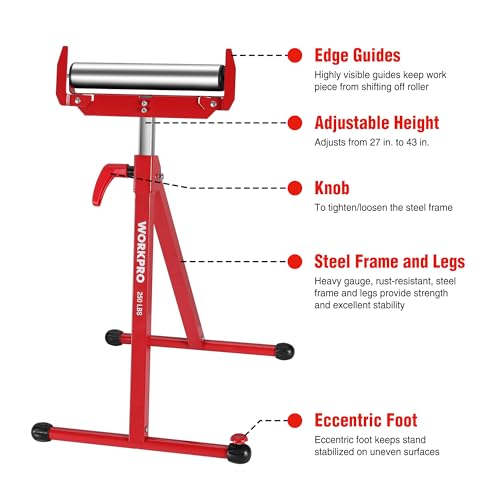 WORKPRO Folding Roller Stand Height Adjustable, Heavy Duty 250 LB Load Capacity, Outfeed Woodworking - WoodArtSupply